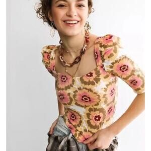 Free People Y2K Give Me More Cottage Prairie Yellow Floral‎ Cropped Shirt Small